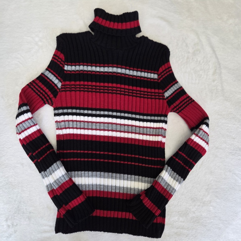 Rave‎ Vintage 90s Y2k Striped Roll Neck Ribbed Knit Chunky Sweater XL Red  USA